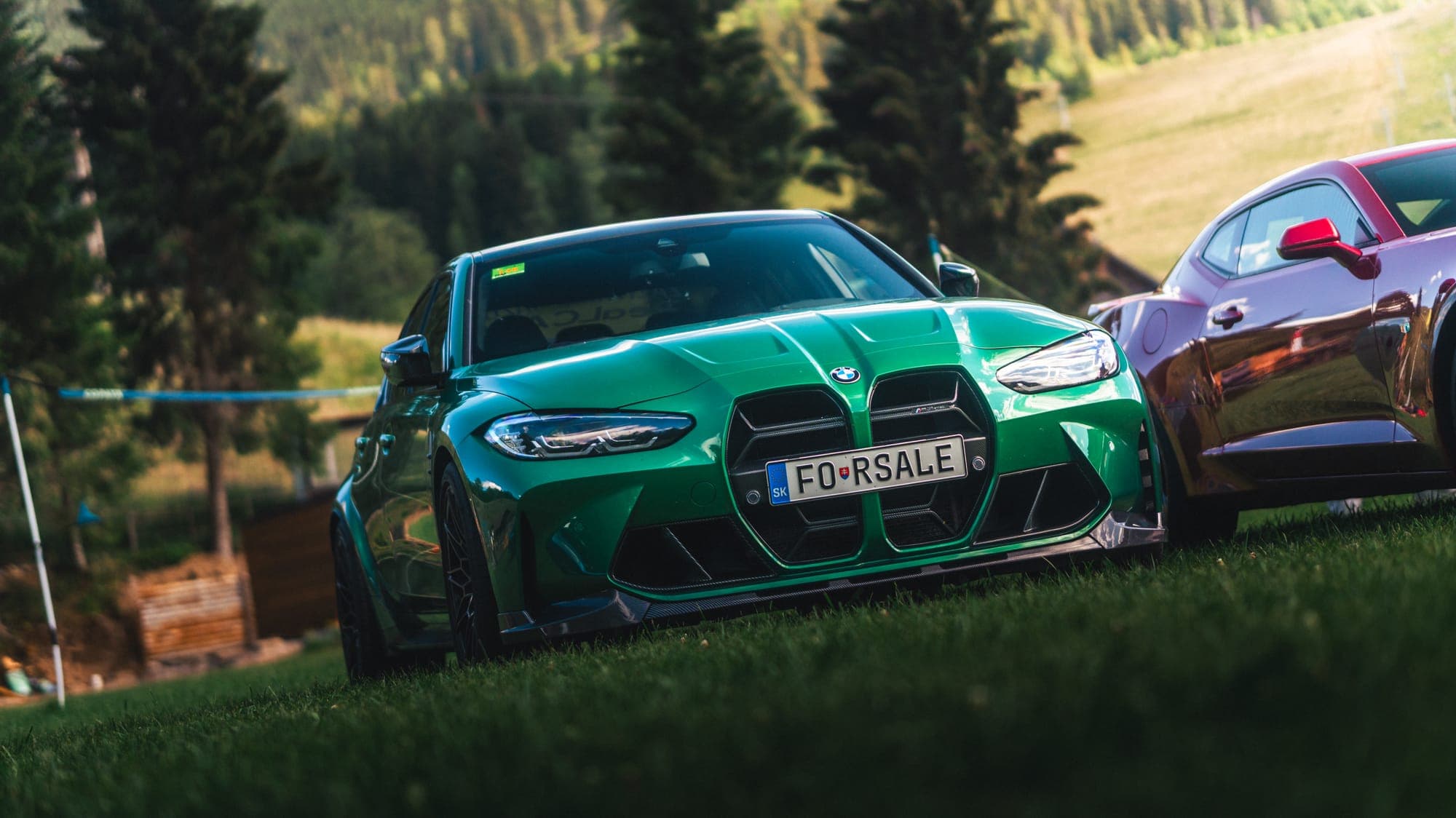 Zelené BMW na lúke medzi autami