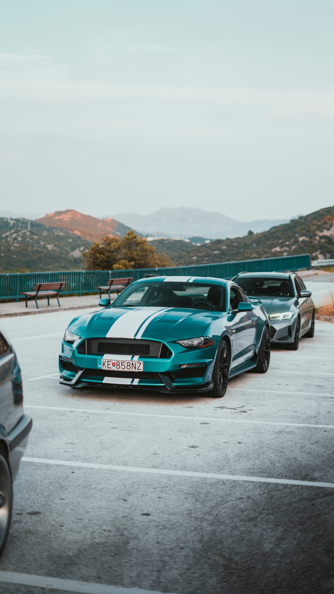 Mustang s bielymi pruhmi a ďalšie autá na vyhliadke